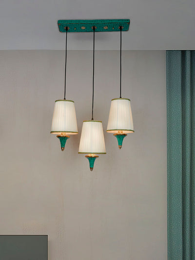 Triple Funnel Pendant Light with Green Stonework and Pleated Shades