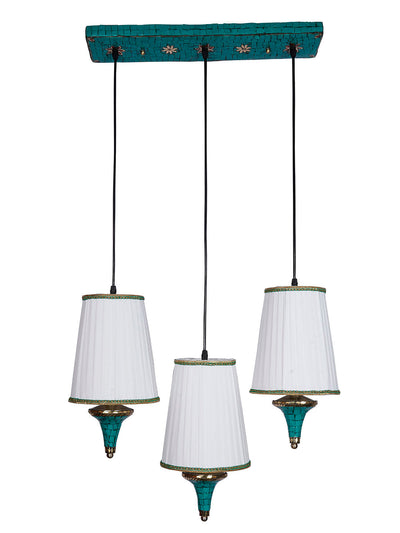 Triple Funnel Pendant Light with Green Stonework and Pleated Shades
