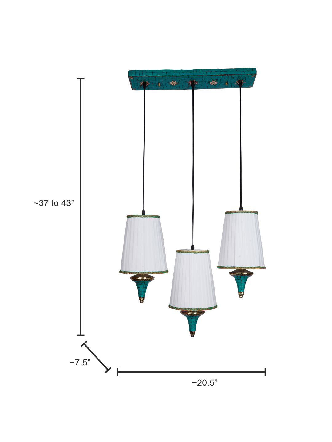 Triple Funnel Pendant Light with Green Stonework and Pleated Shades