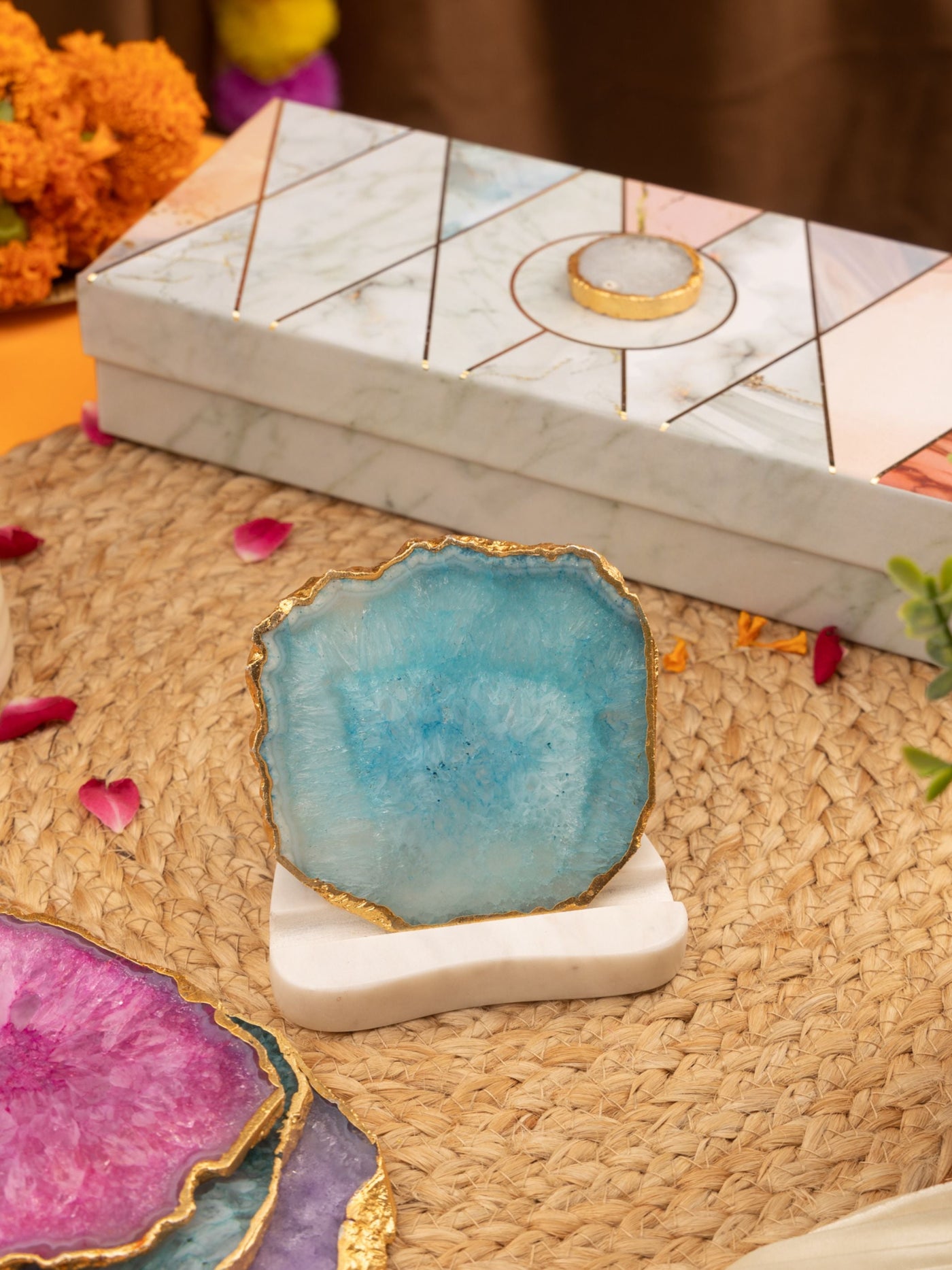 Turquoise Agate Stone With Marble Base Tea Light Holder