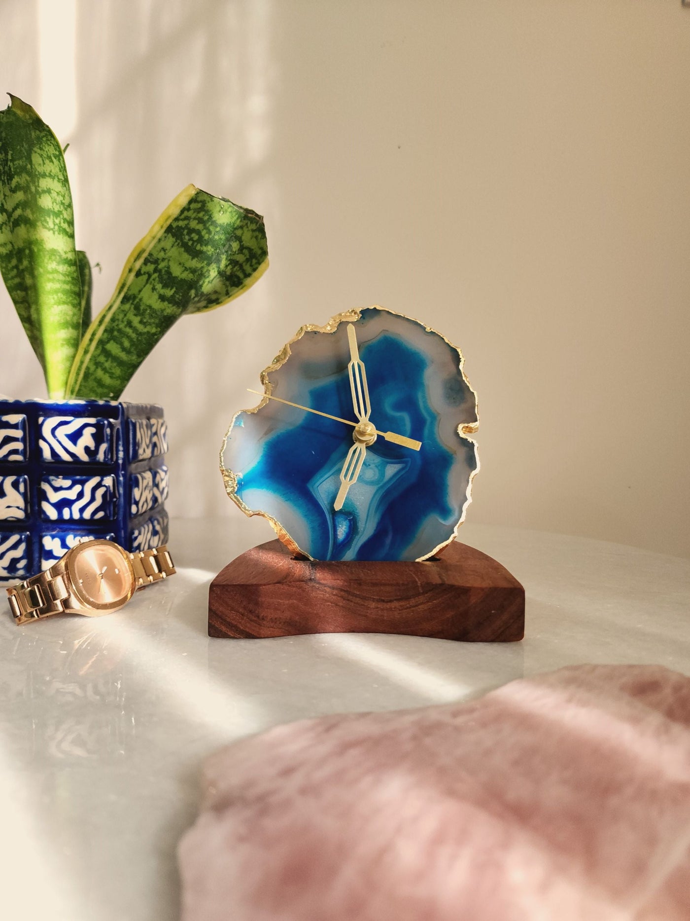 Agate Table Clock - Turquoise Gemstone Gold Plated