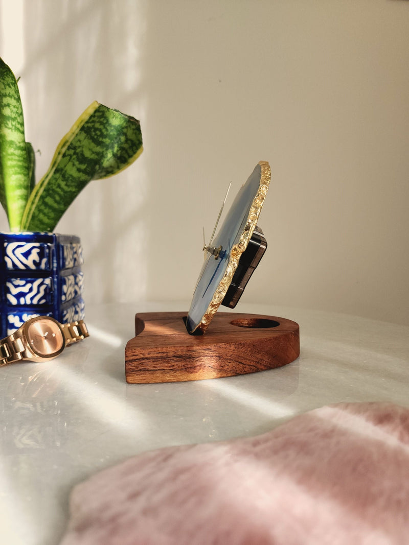 Agate Table Clock - Turquoise Gemstone Gold Plated