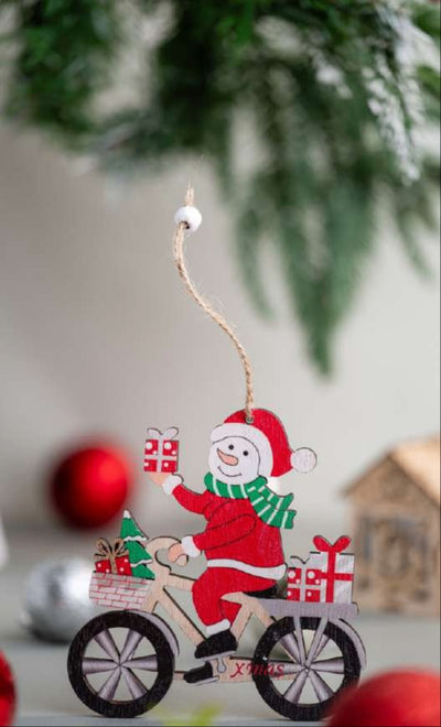 Wooden Snowman on Bicycle Hanging Ornament with Gifts_CC34