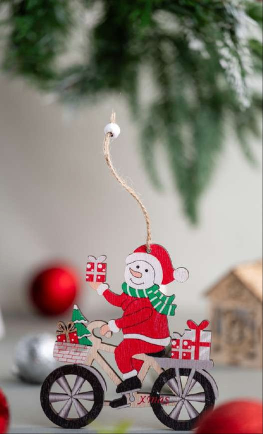 Wooden Snowman on Bicycle Hanging Ornament with Gifts_CC34