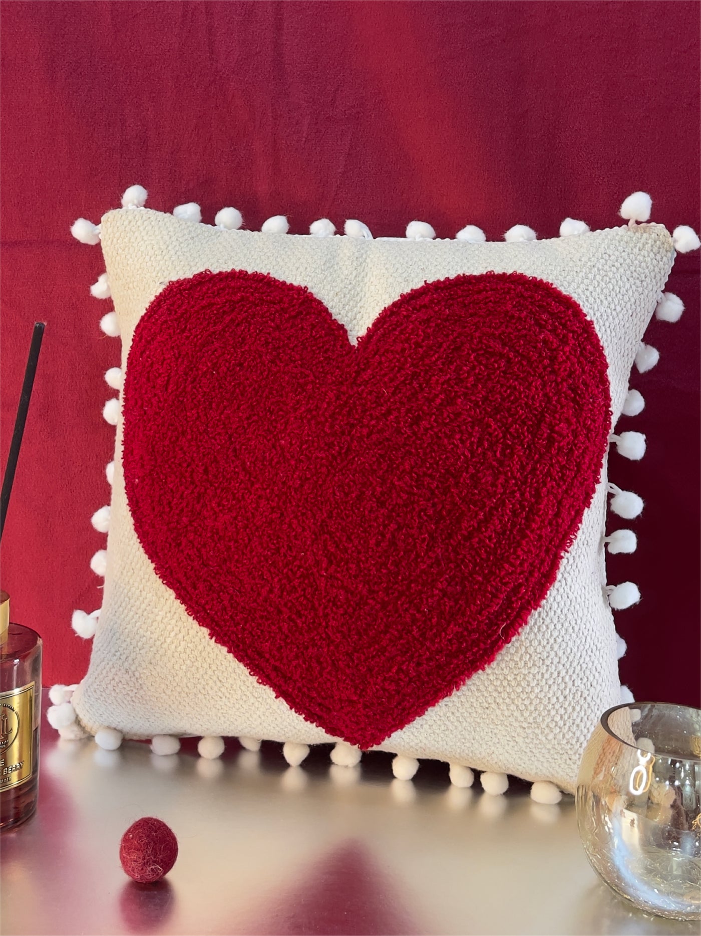 Pom Pom Heart Cushion Cover