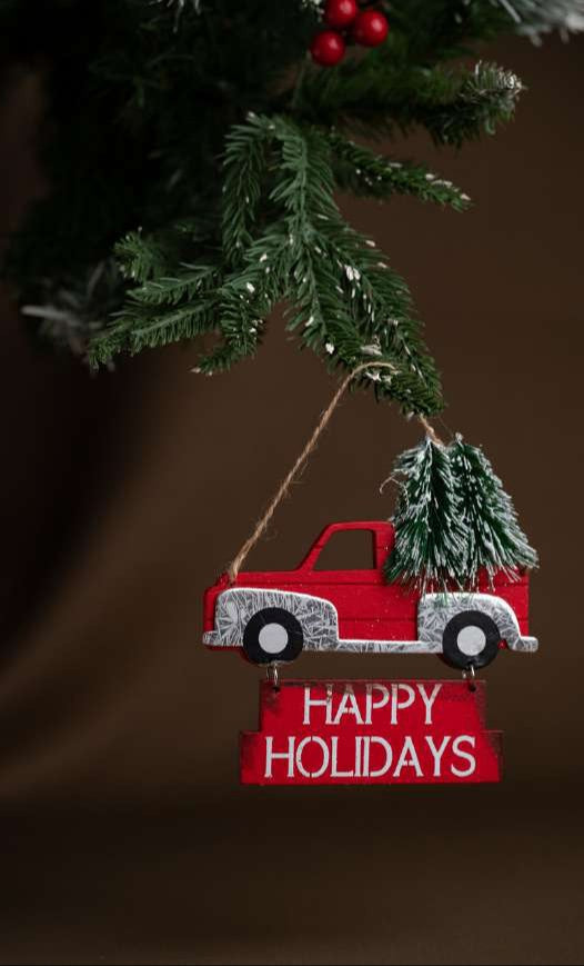 Red Truck Hanging Ornament with Happy Holidays Sign_CC28