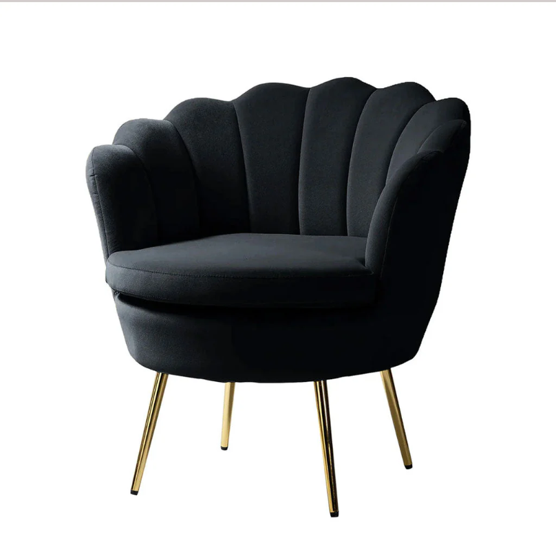 Shell Motif Luxury Design Black Velvet Lounge Chair