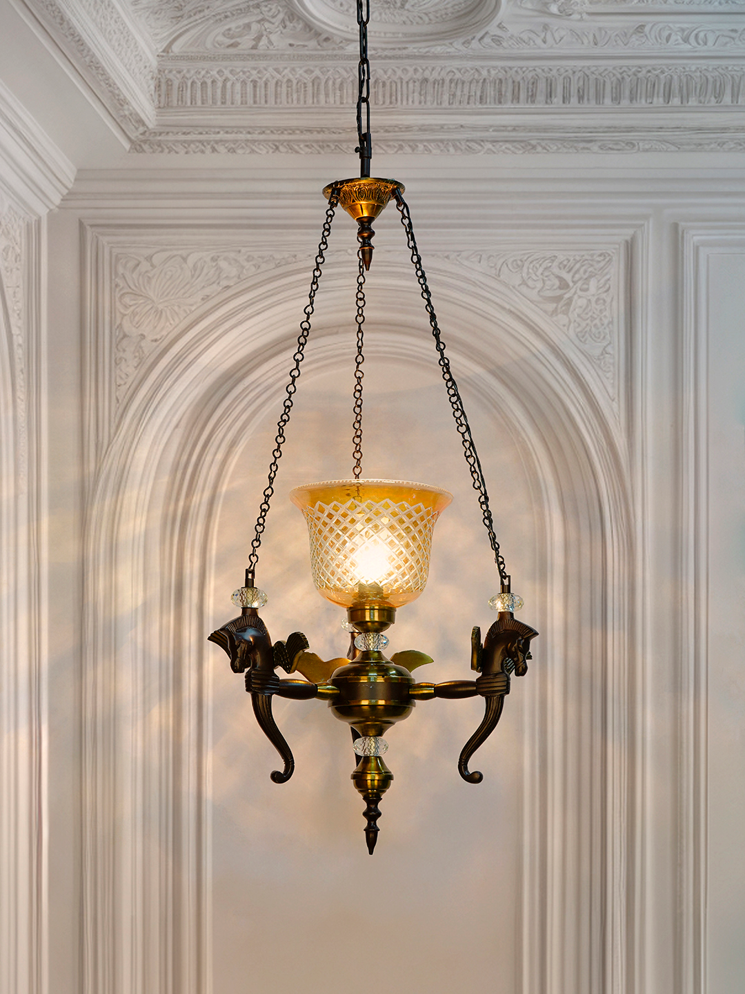 Vintage Pegasus Pendant Chandelier with Golden CutGlass Shade