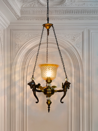 Vintage Pegasus Pendant Chandelier with Golden CutGlass Shade