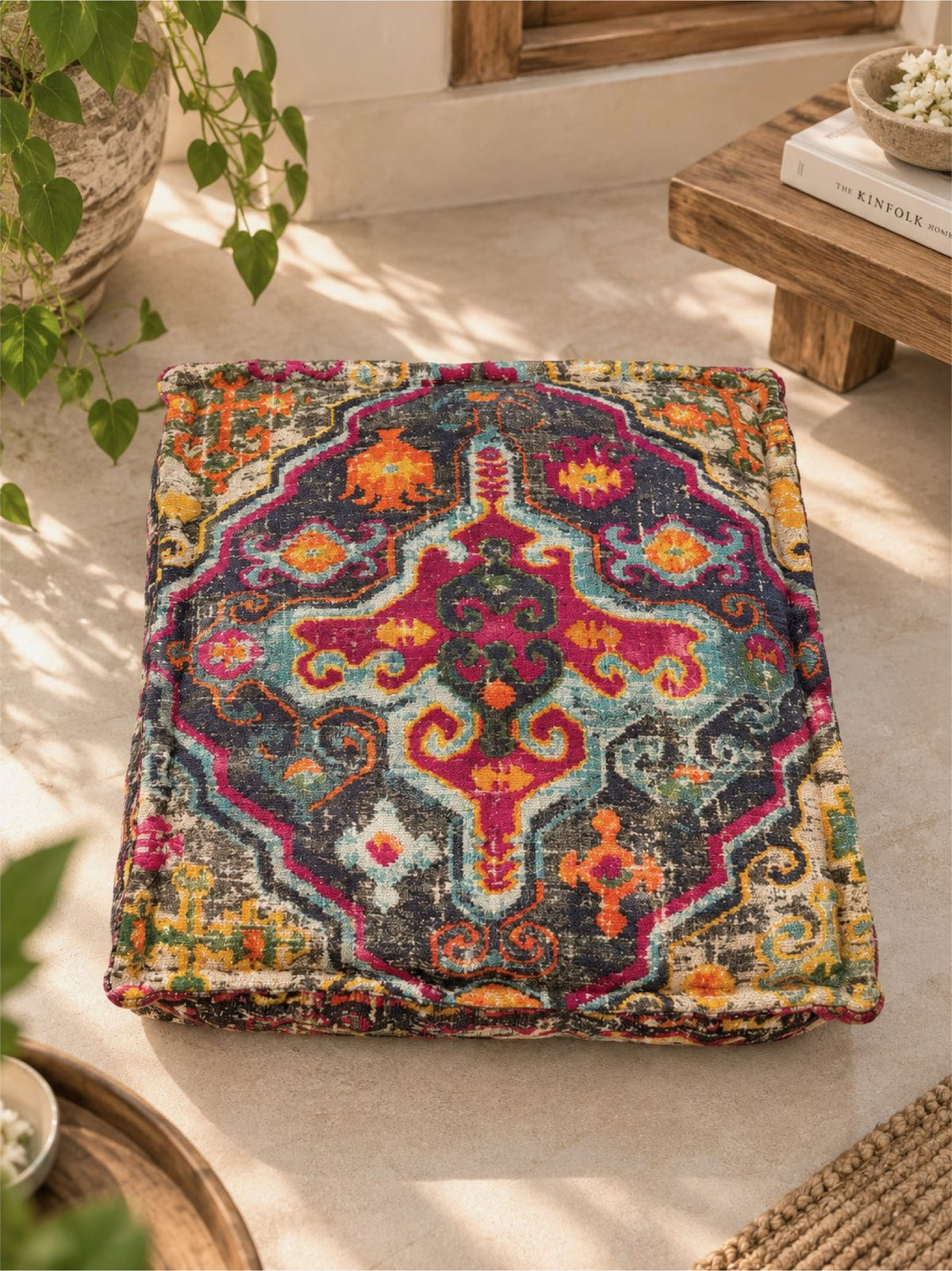 Vintage Medallion Printed Square Pouffe or Floor cushion