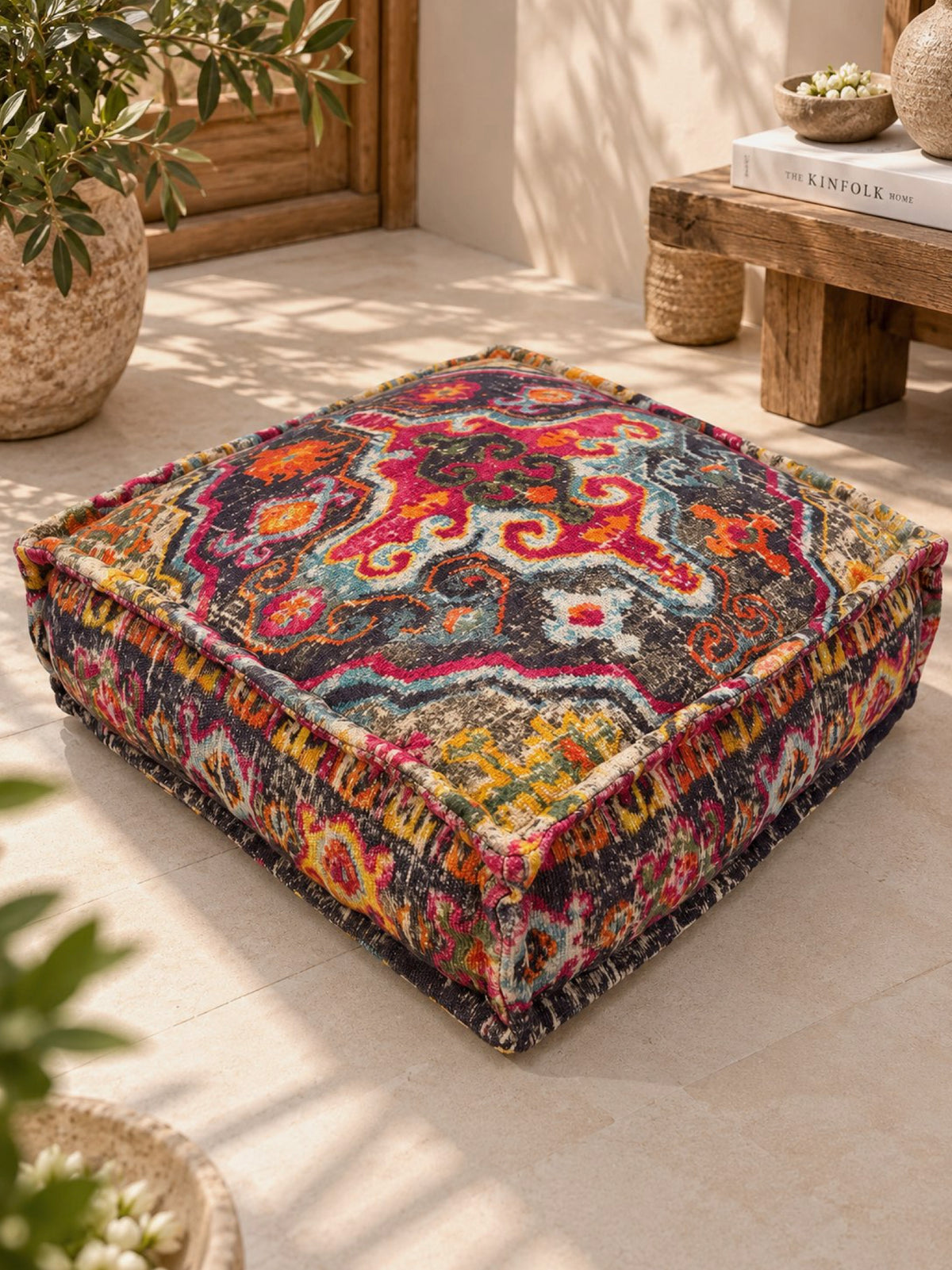 Vintage Medallion Printed Square Pouffe or Floor cushion