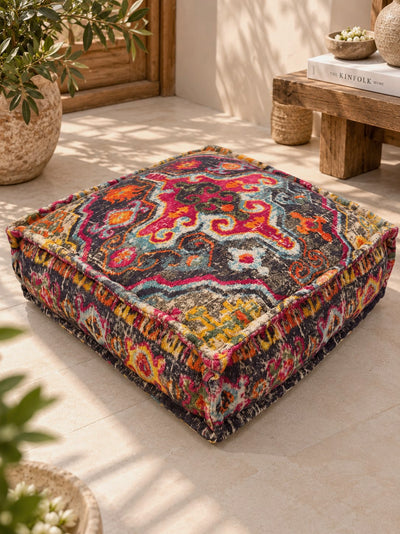 Vintage Medallion Printed Square Pouffe or Floor cushion