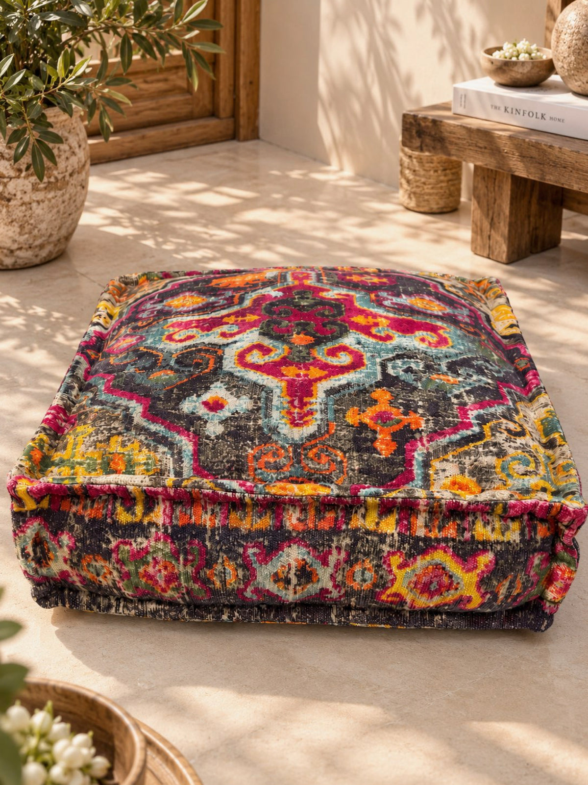 Vintage Medallion Printed Square Pouffe or Floor cushion