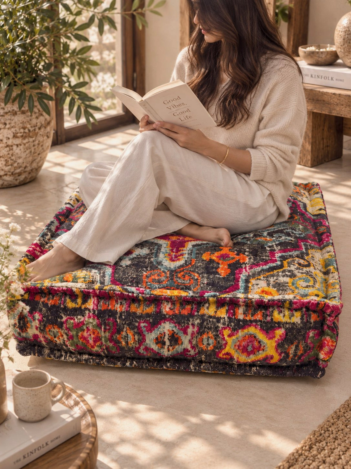 Vintage Medallion Printed Square Pouffe or Floor cushion