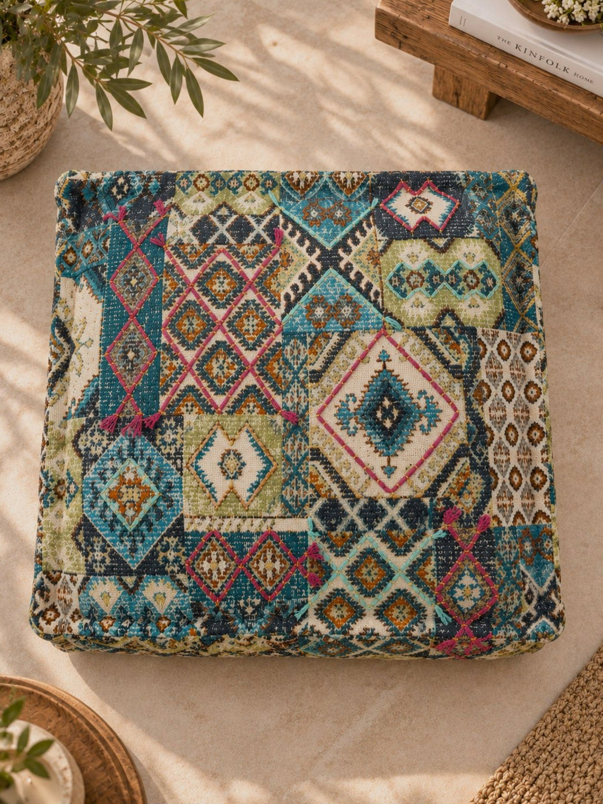 Vivid Bloom Embroidered Square Pouffe or floor cushion