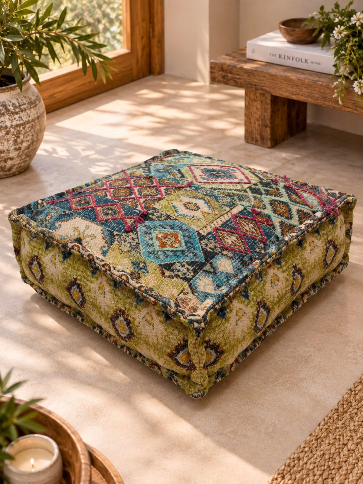 Vivid Bloom Embroidered Square Pouffe or floor cushion