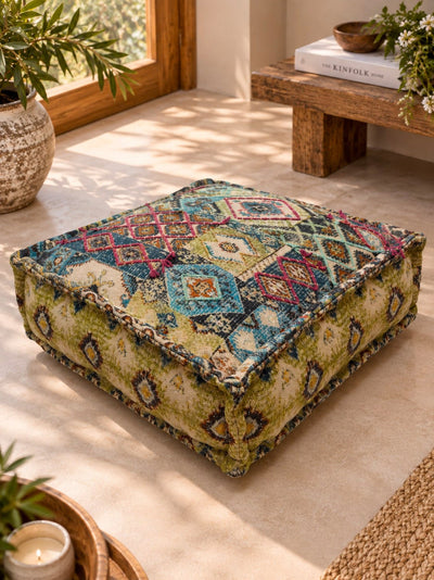 Vivid Bloom Embroidered Square Pouffe or floor cushion