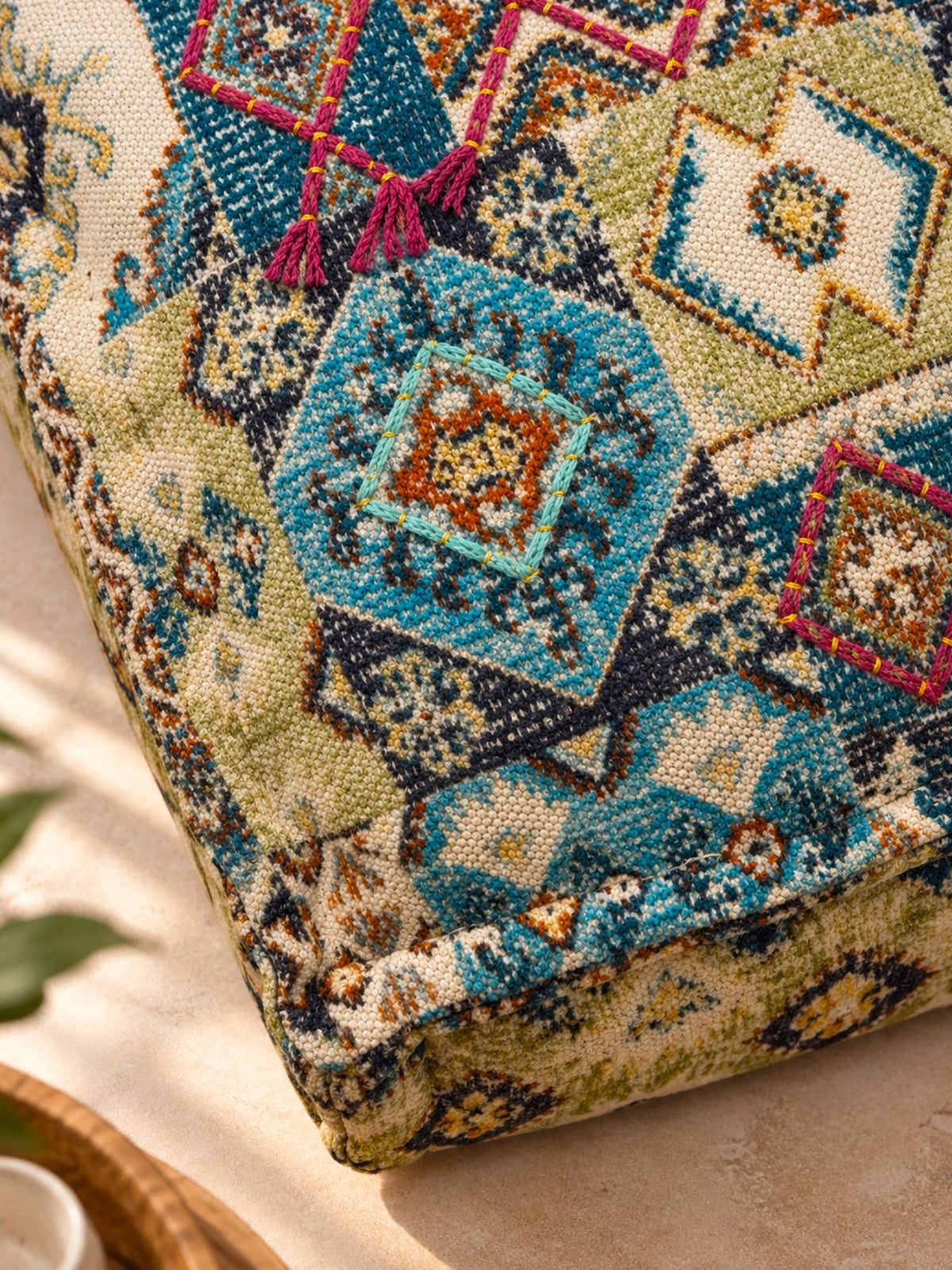 Vivid Bloom Embroidered Square Pouffe or floor cushion