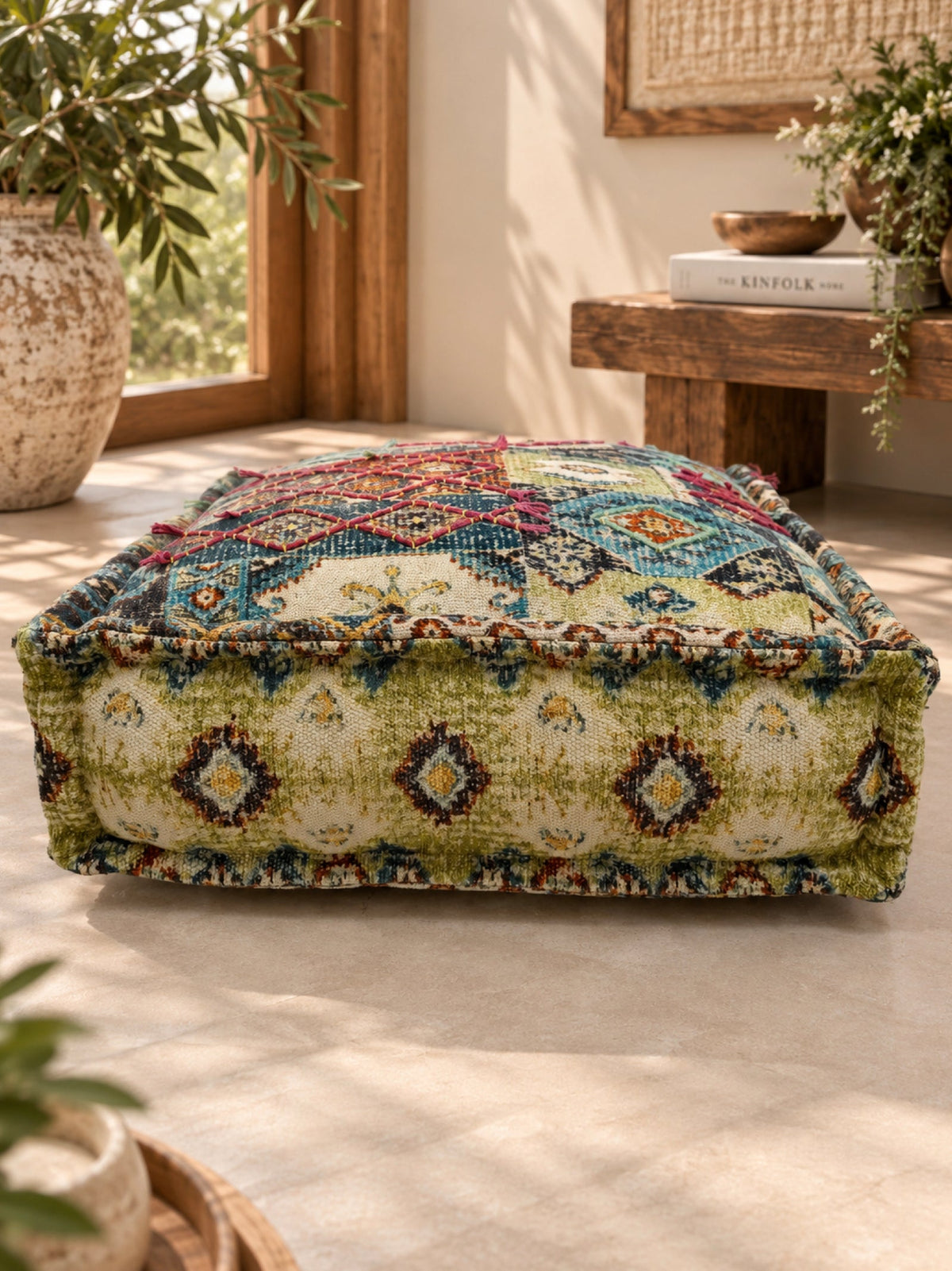 Vivid Bloom Embroidered Square Pouffe or floor cushion