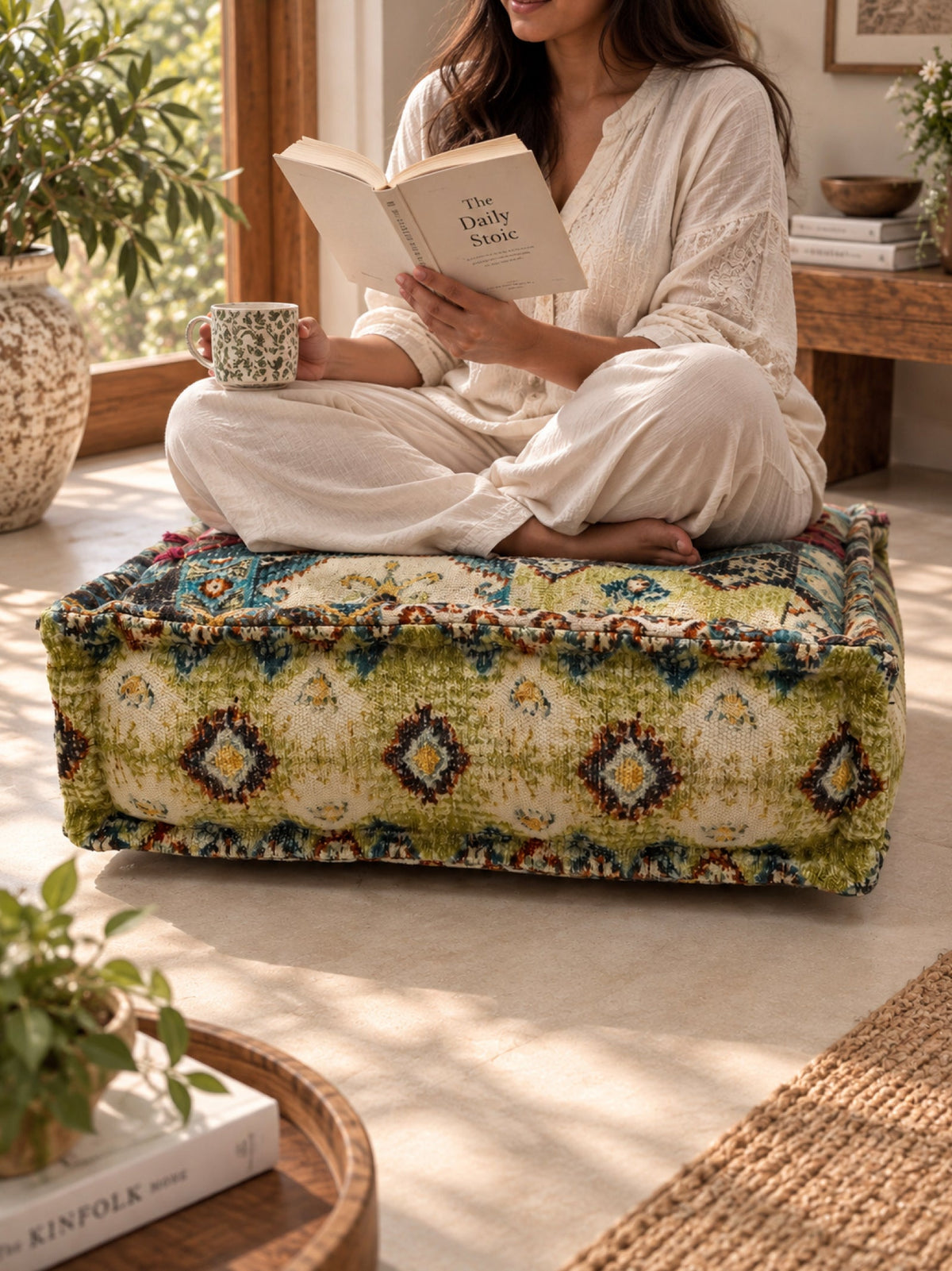 Vivid Bloom Embroidered Square Pouffe or floor cushion