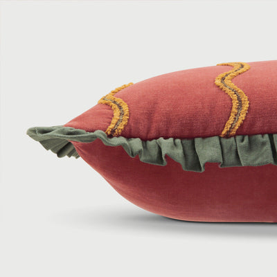 Aria Ruffle Carmine Embroidered Oblong Cushion Cover
