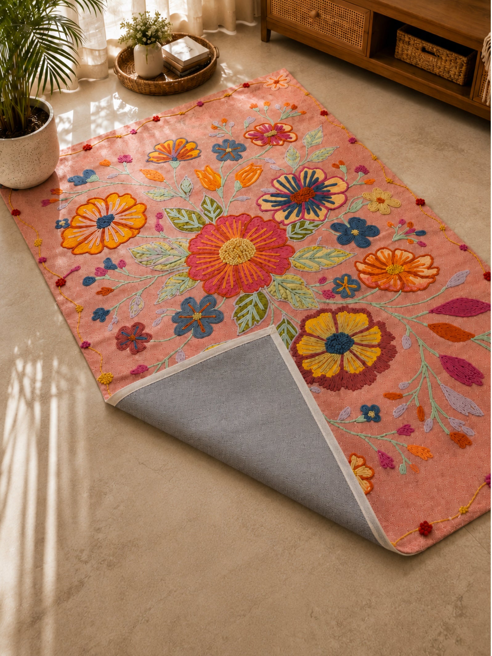 Blush Bloom Embroidered Anti-Skid Rug