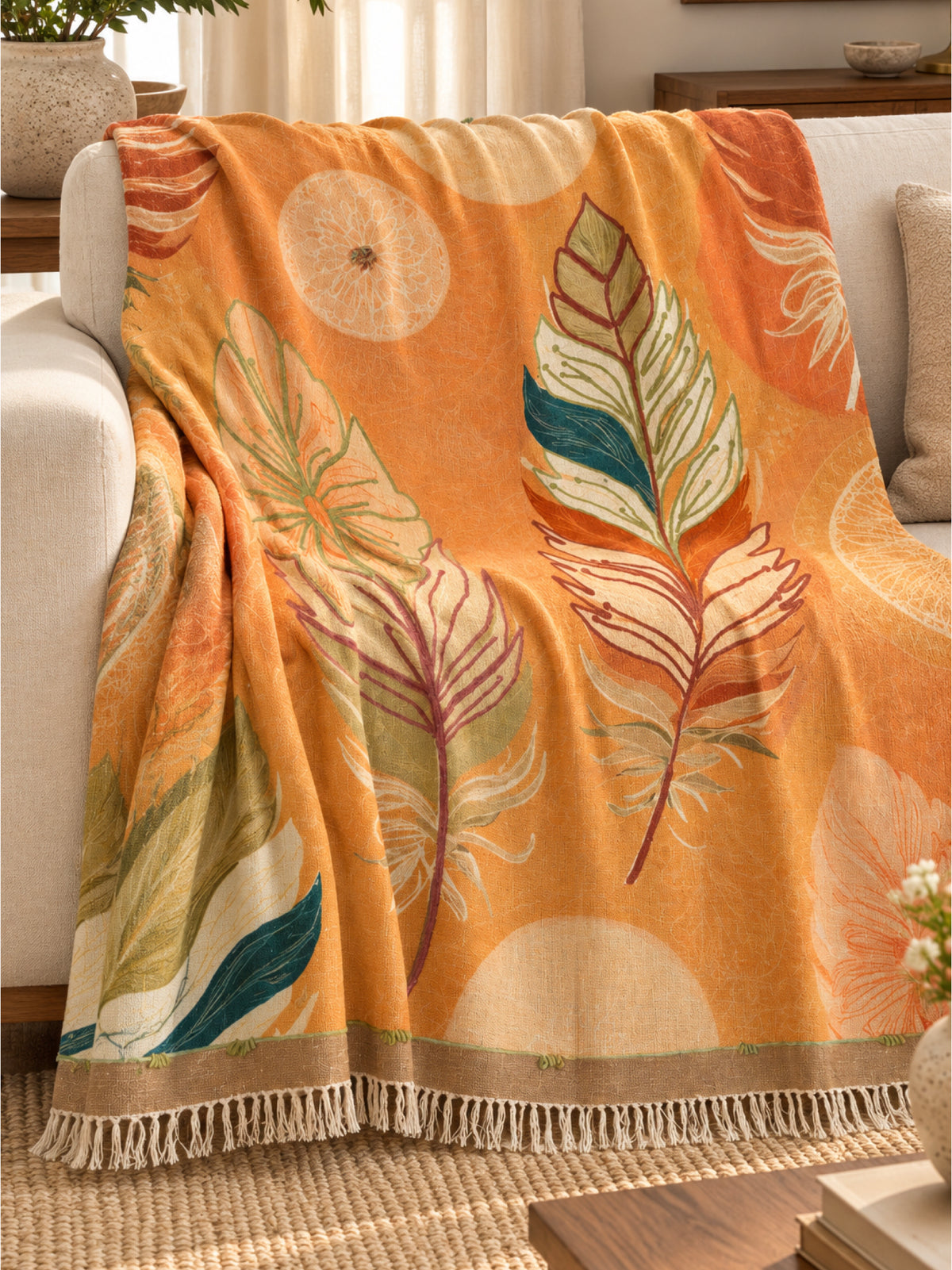 Orange Leaf Embroidered Throw
