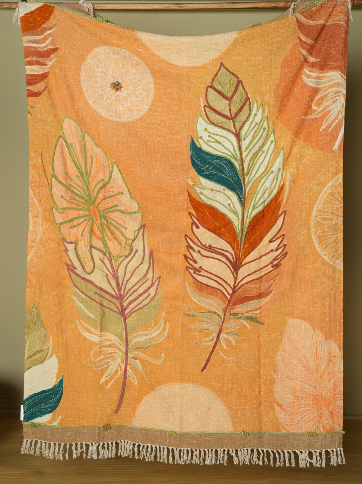 Orange Leaf Embroidered Throw