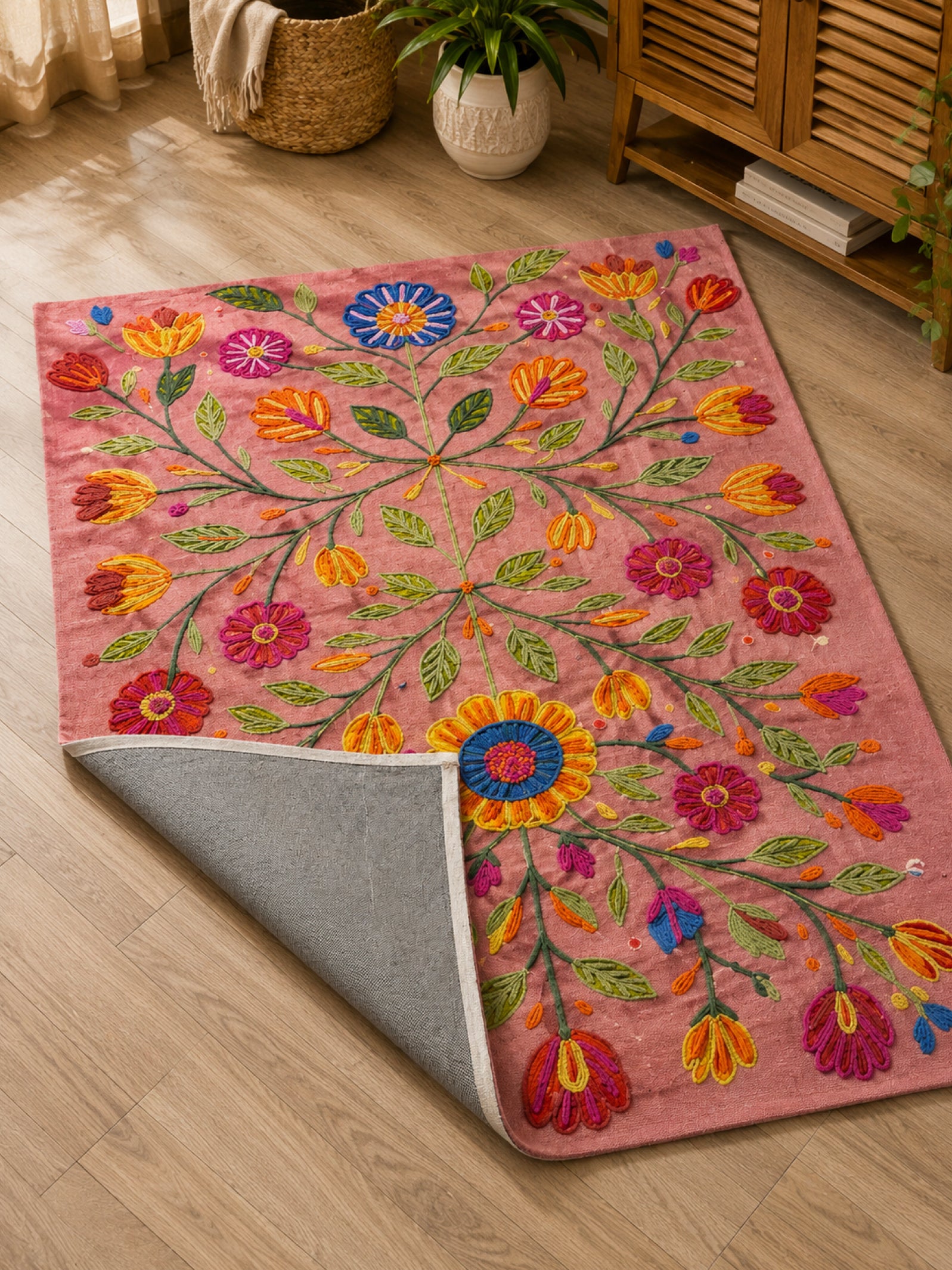Rosy Meadow Embroidered Anti-Skid Rug