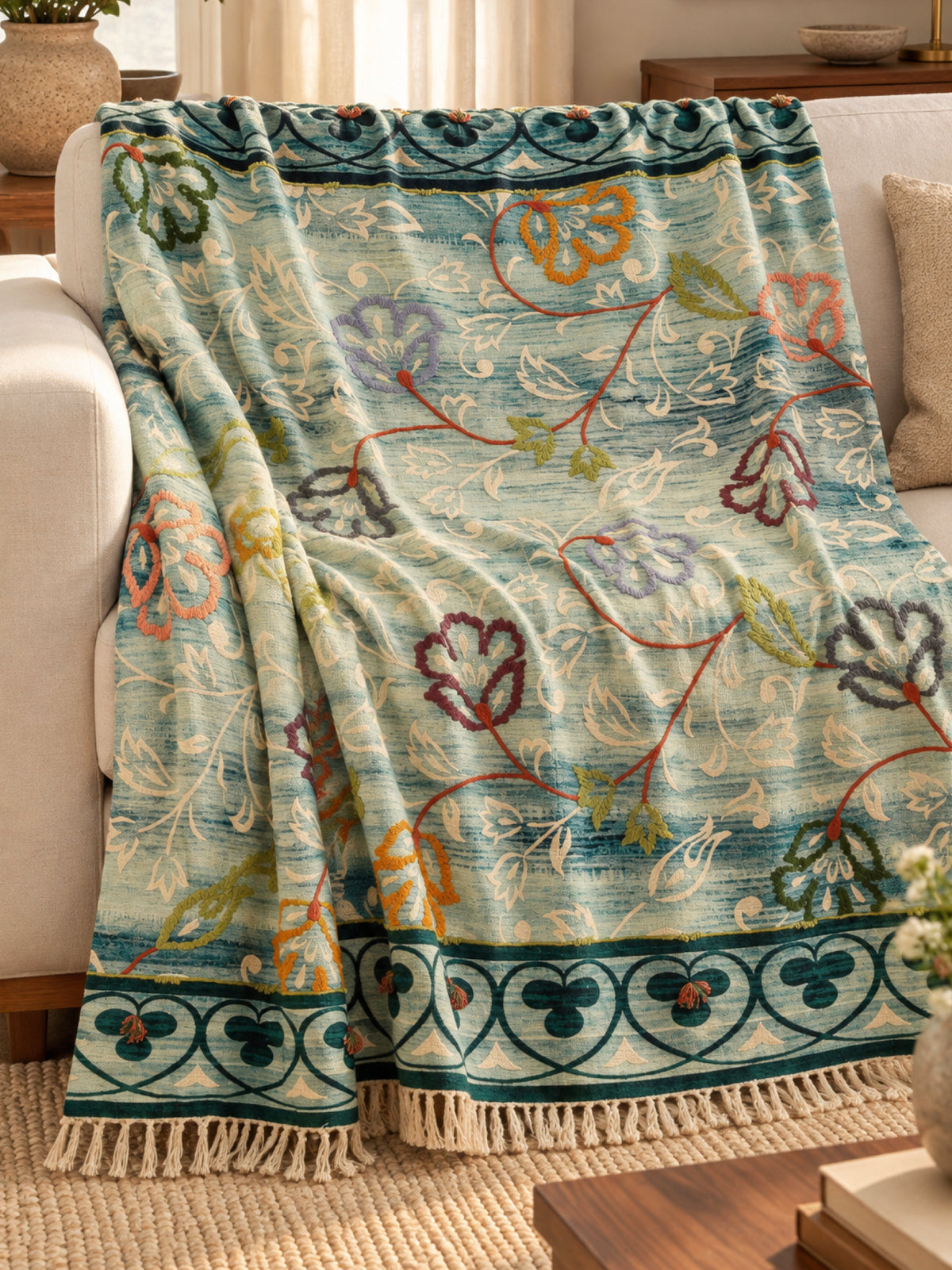 Blue Floral Vine Embroidered Throw