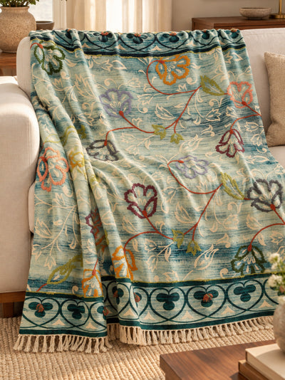 Blue Floral Vine Embroidered Throw