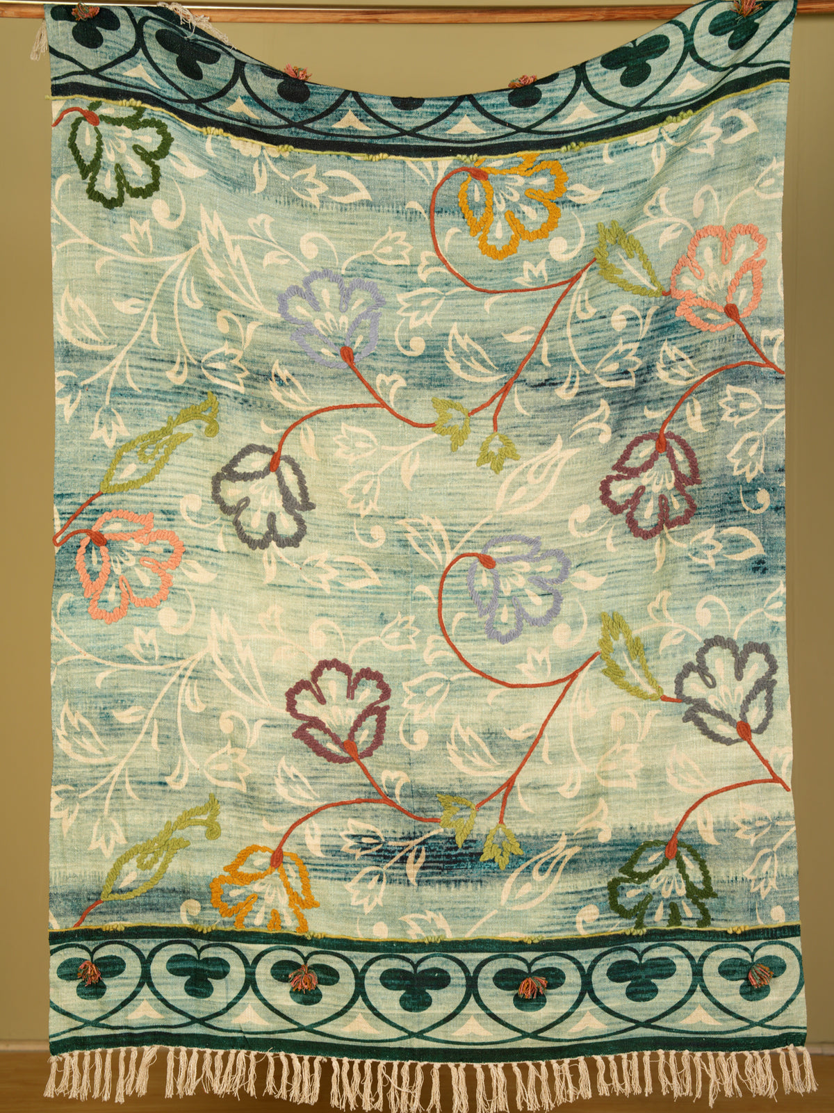 Blue Floral Vine Embroidered Throw