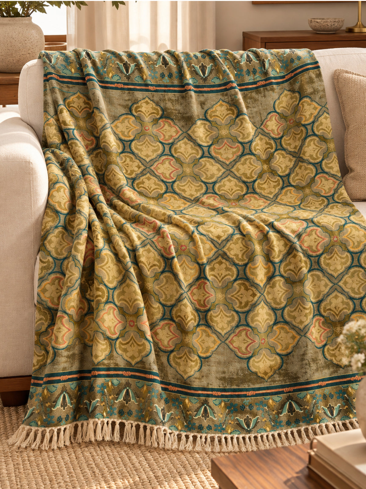 Trellis Olive Embroidered Throw