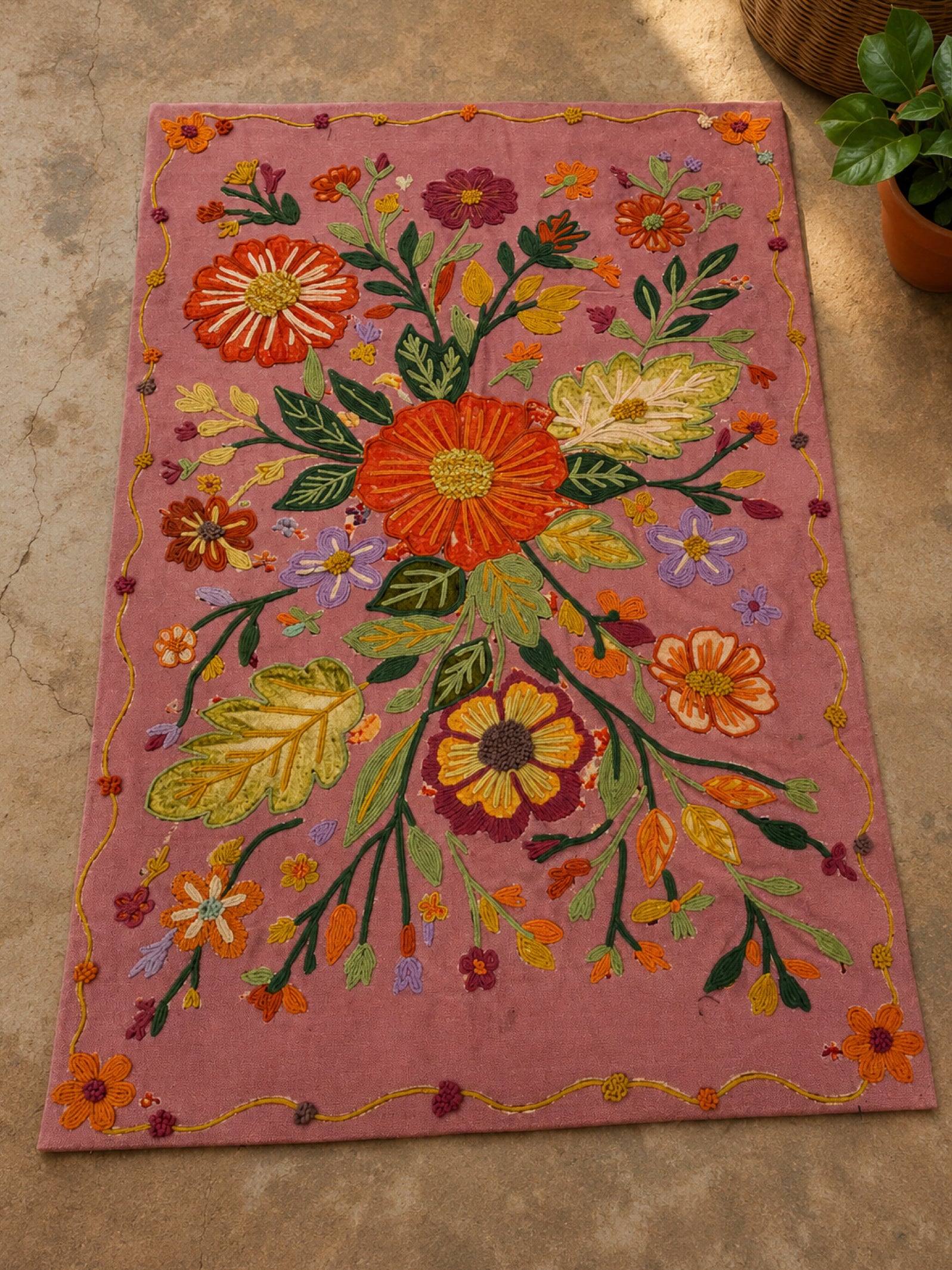 Roselle Bloom Embroidered Rug with Anti-Skid Latex Backing
