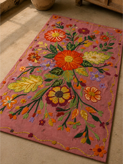 Roselle Bloom Embroidered Rug with Anti-Skid Latex Backing