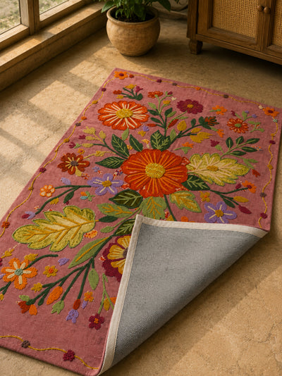 Roselle Bloom Embroidered Rug with Anti-Skid Latex Backing