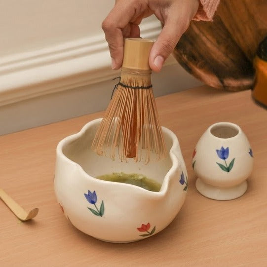 Matcha Tea Mixing Bowl & Whisk Holder Set - Floral Design