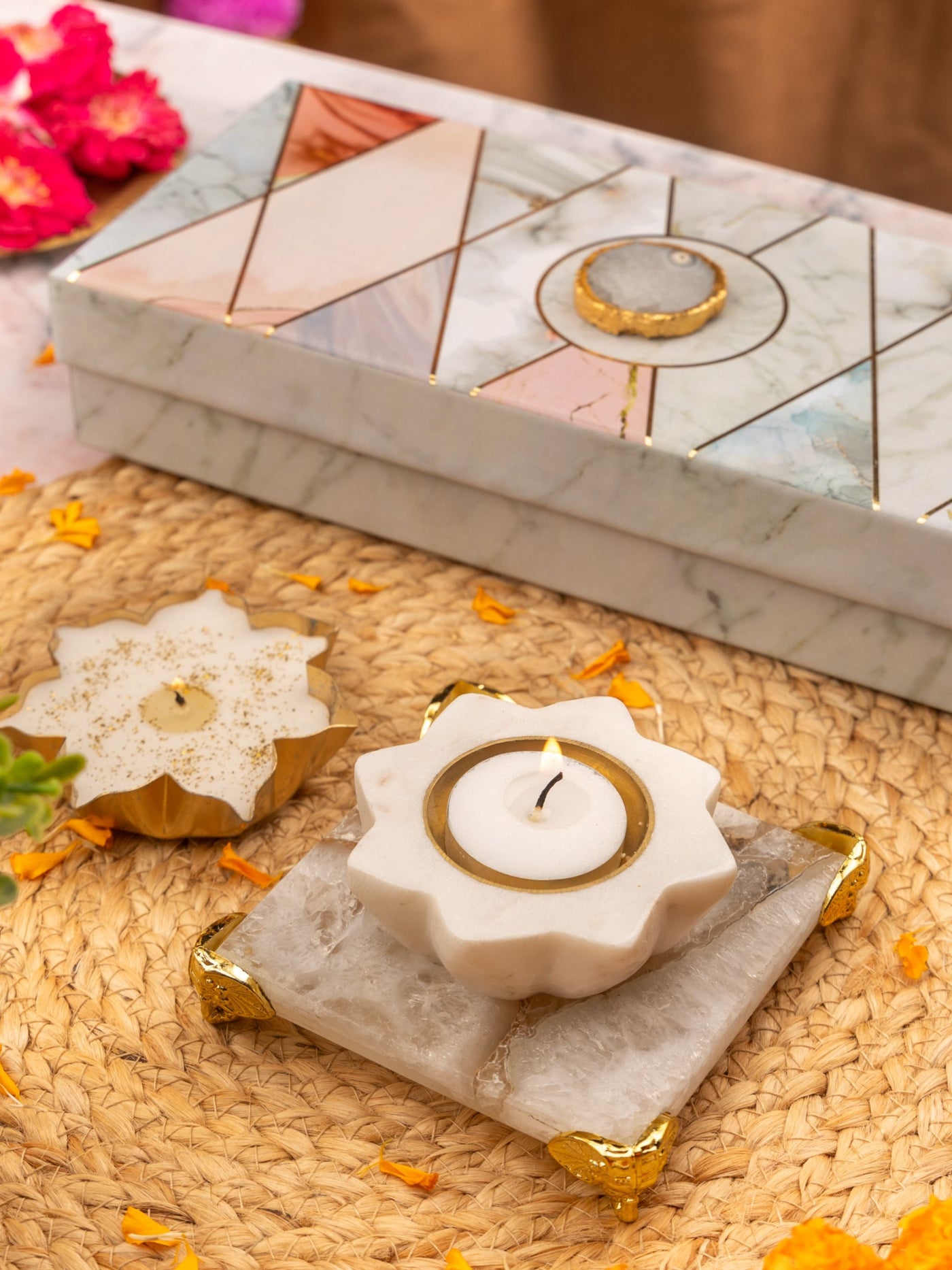 White Agate Chowki With Marble Brass Diya And Metal Votive Candle