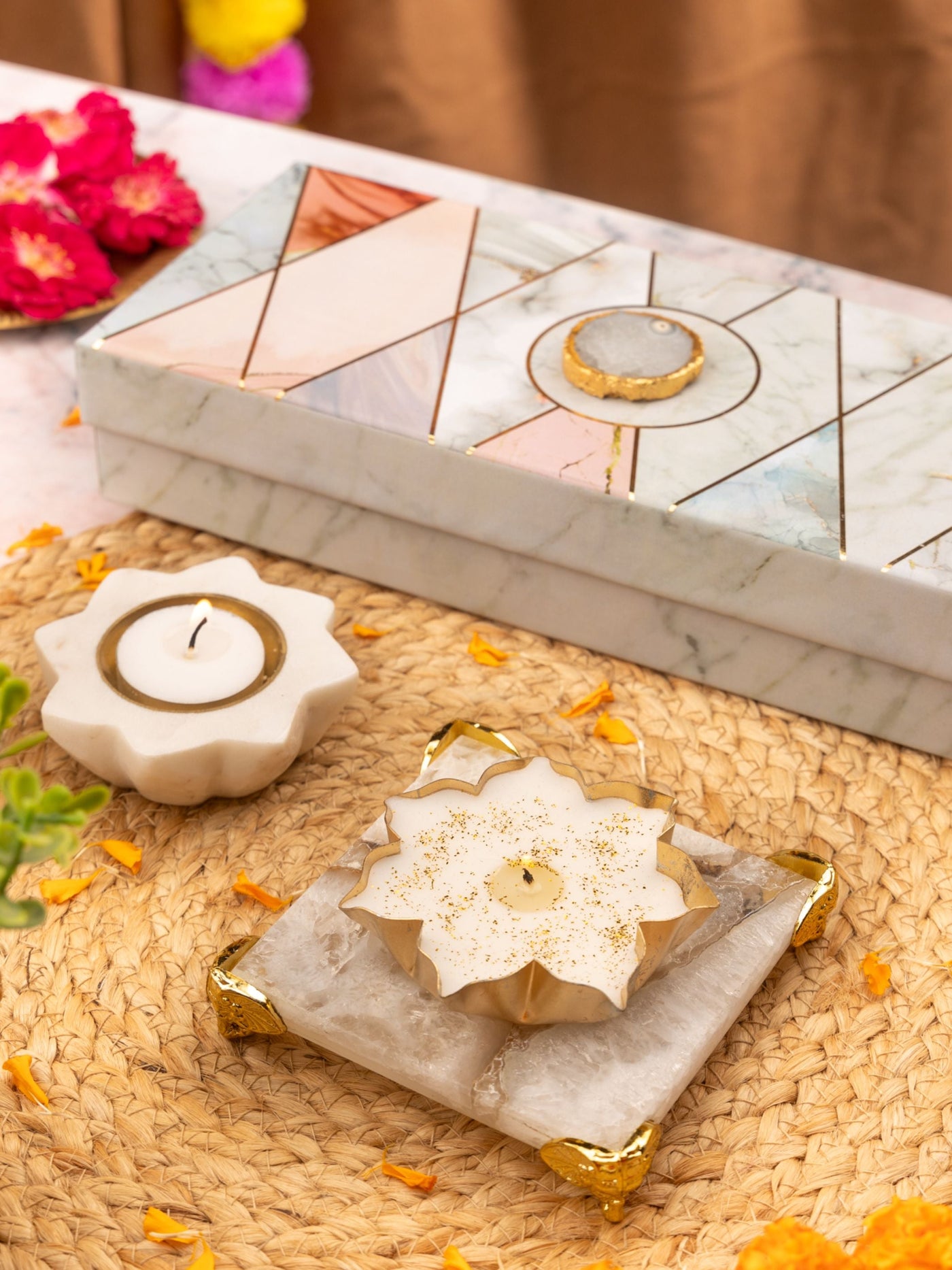 White Agate Chowki With Marble Brass Diya And Metal Votive Candle