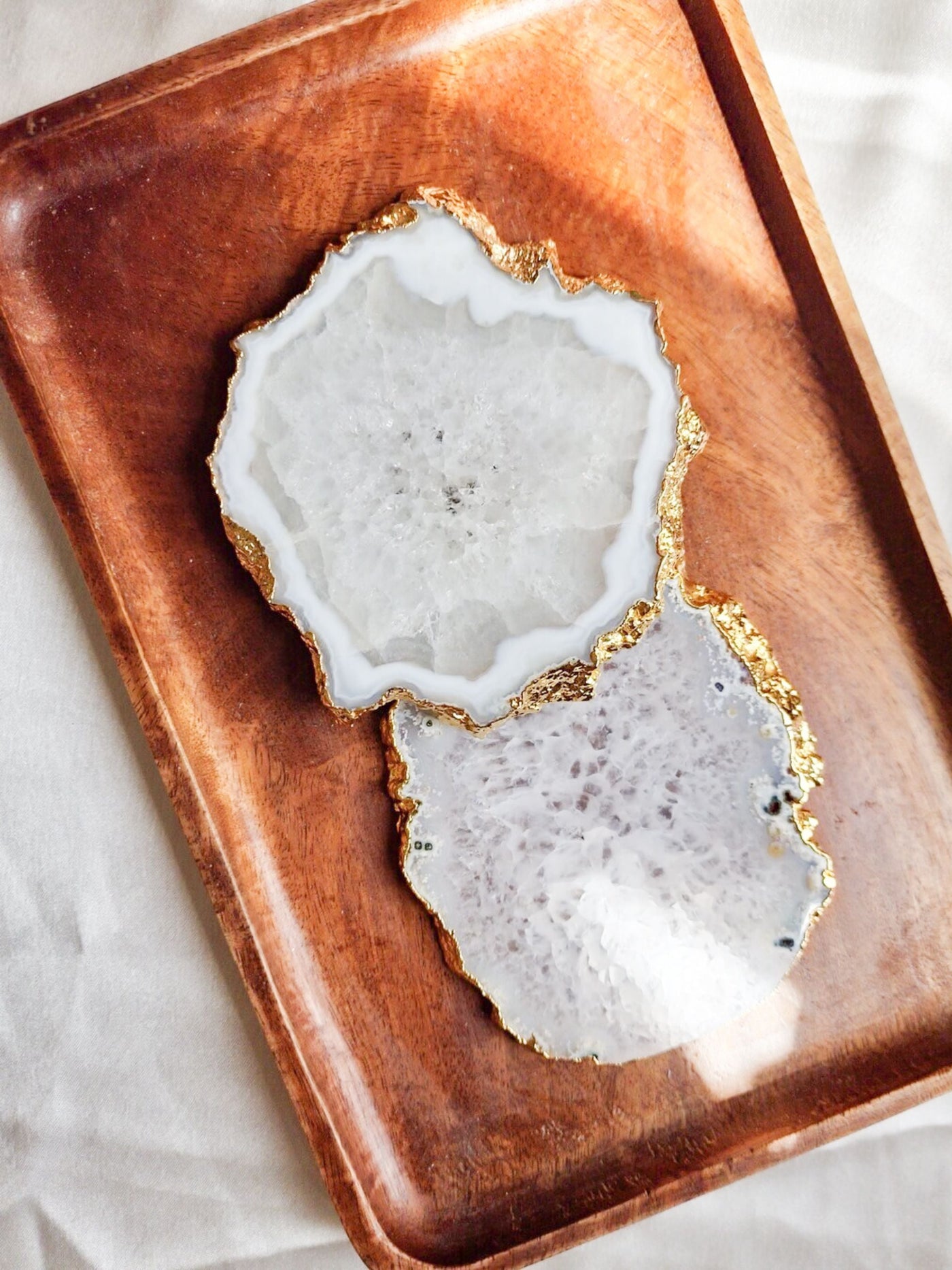 Agate Coaster Set Of 2 - White with Gold Plated edge