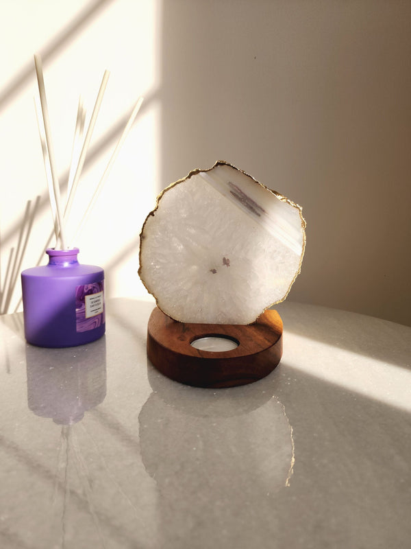 Agate Tealight Holder - White Gemstone Gold Plated With Wooden Stand