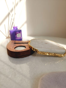 Agate Tealight Holder - White Gemstone Gold Plated With Wooden Stand