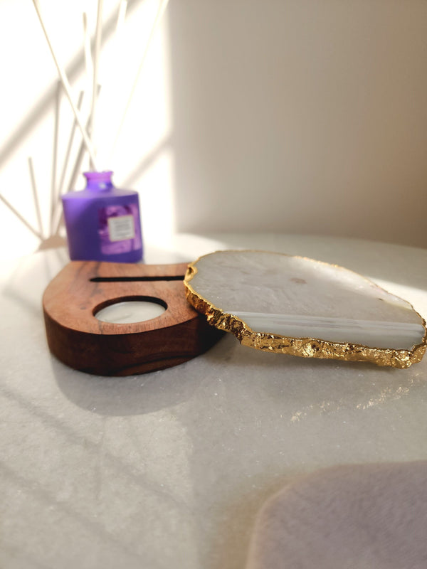 Agate Tealight Holder - White Gemstone Gold Plated With Wooden Stand
