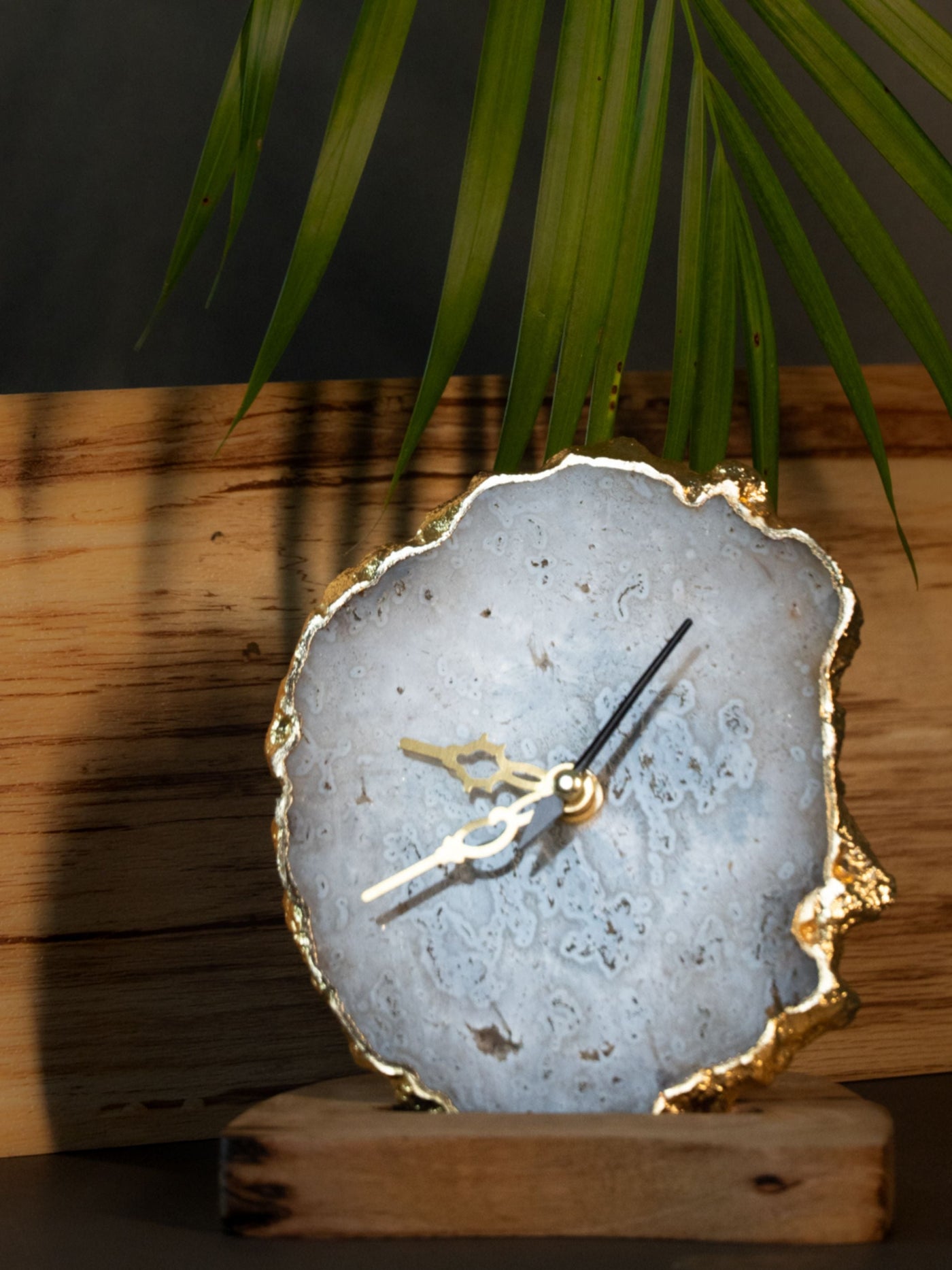 Agate Table Clock - White Gemstone Gold Plated