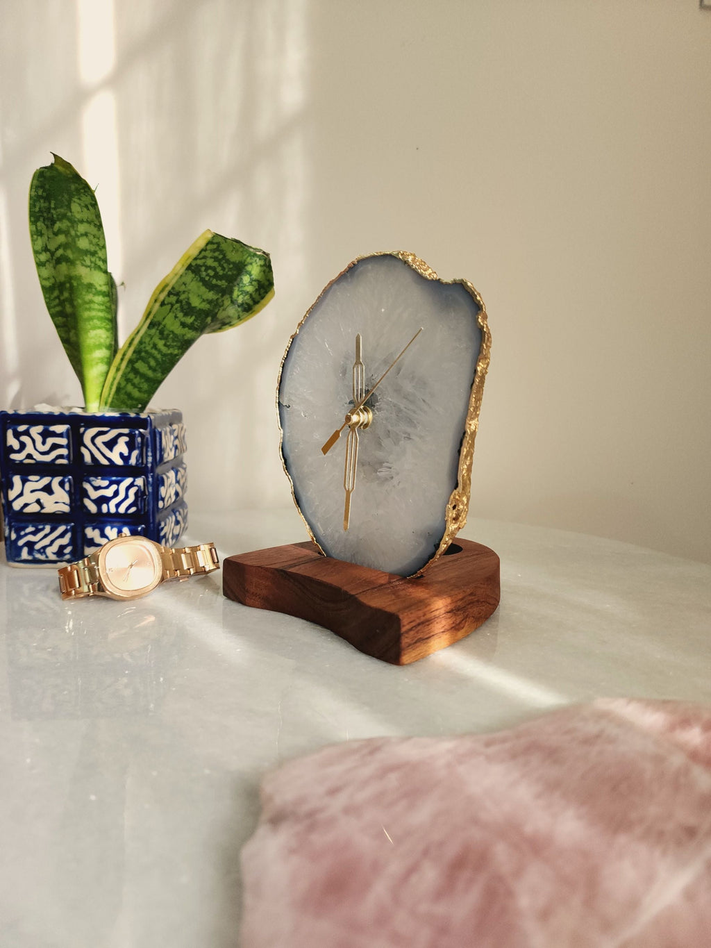 Agate Table Clock - White Gemstone Gold Plated