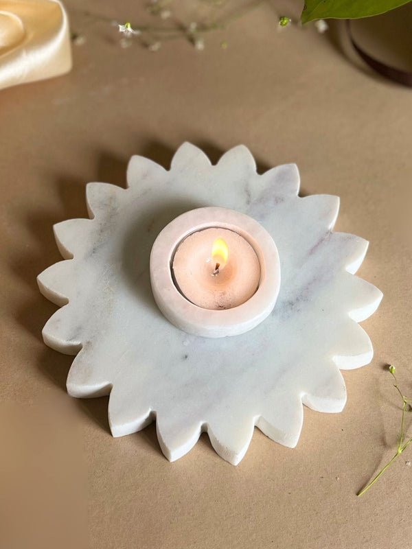 Marble Tea Light Candle Holder - White Sunflower