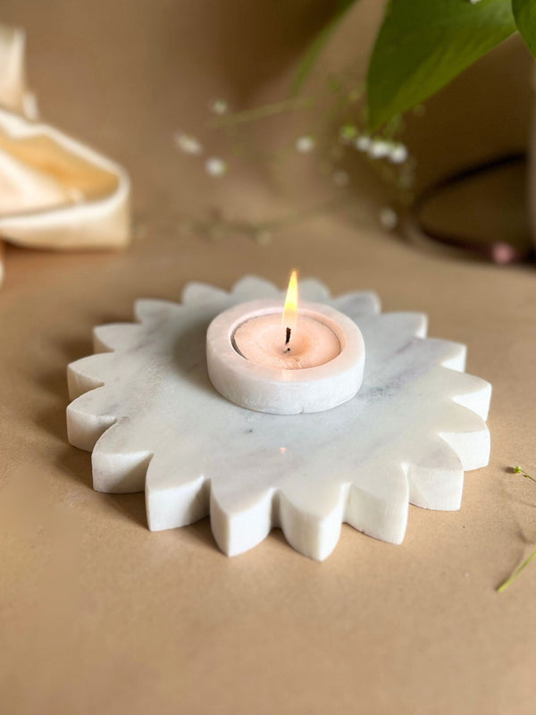 Marble Tea Light Candle Holder - White Sunflower