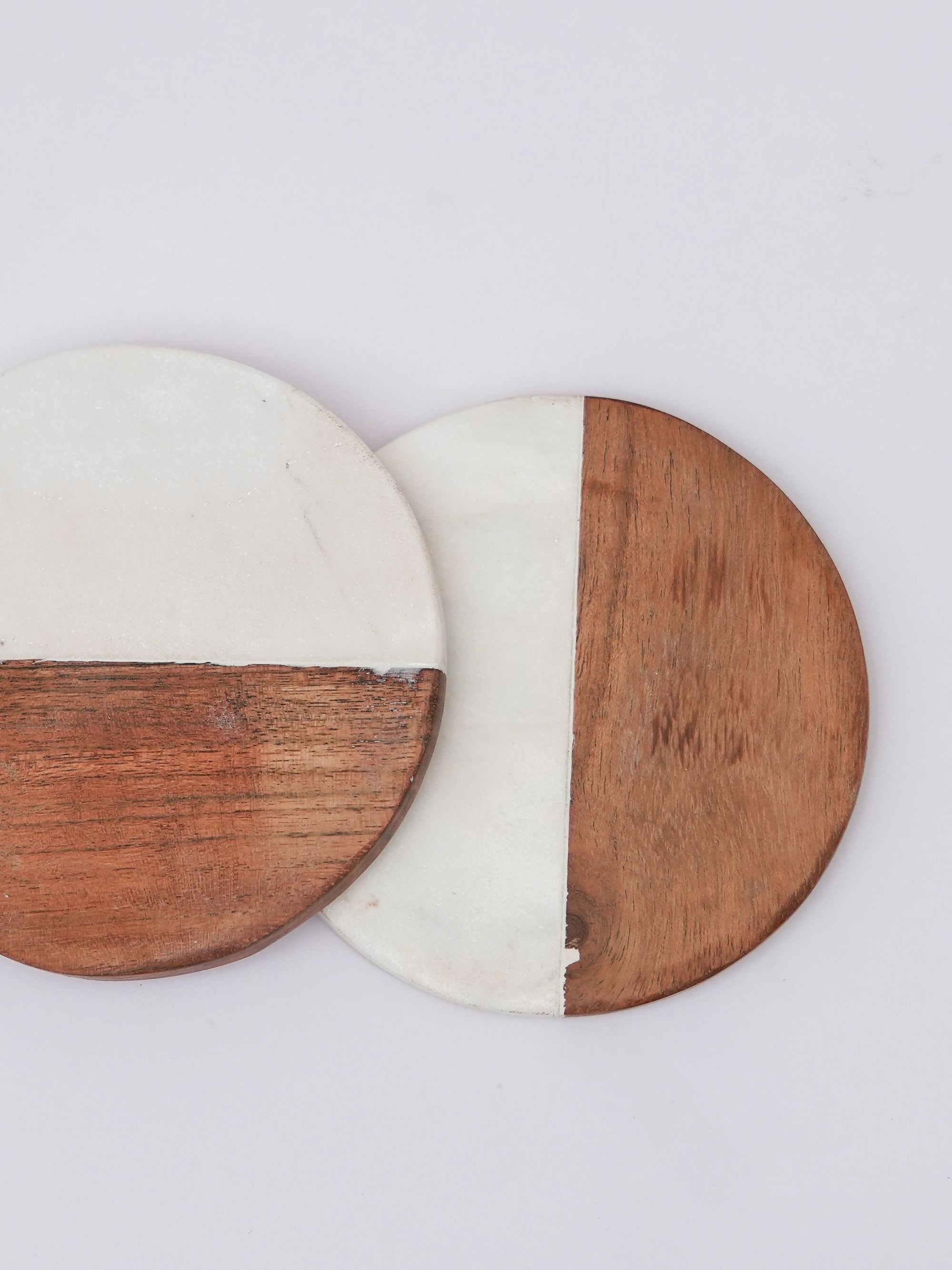 Round Coasters - White Marble & Wood