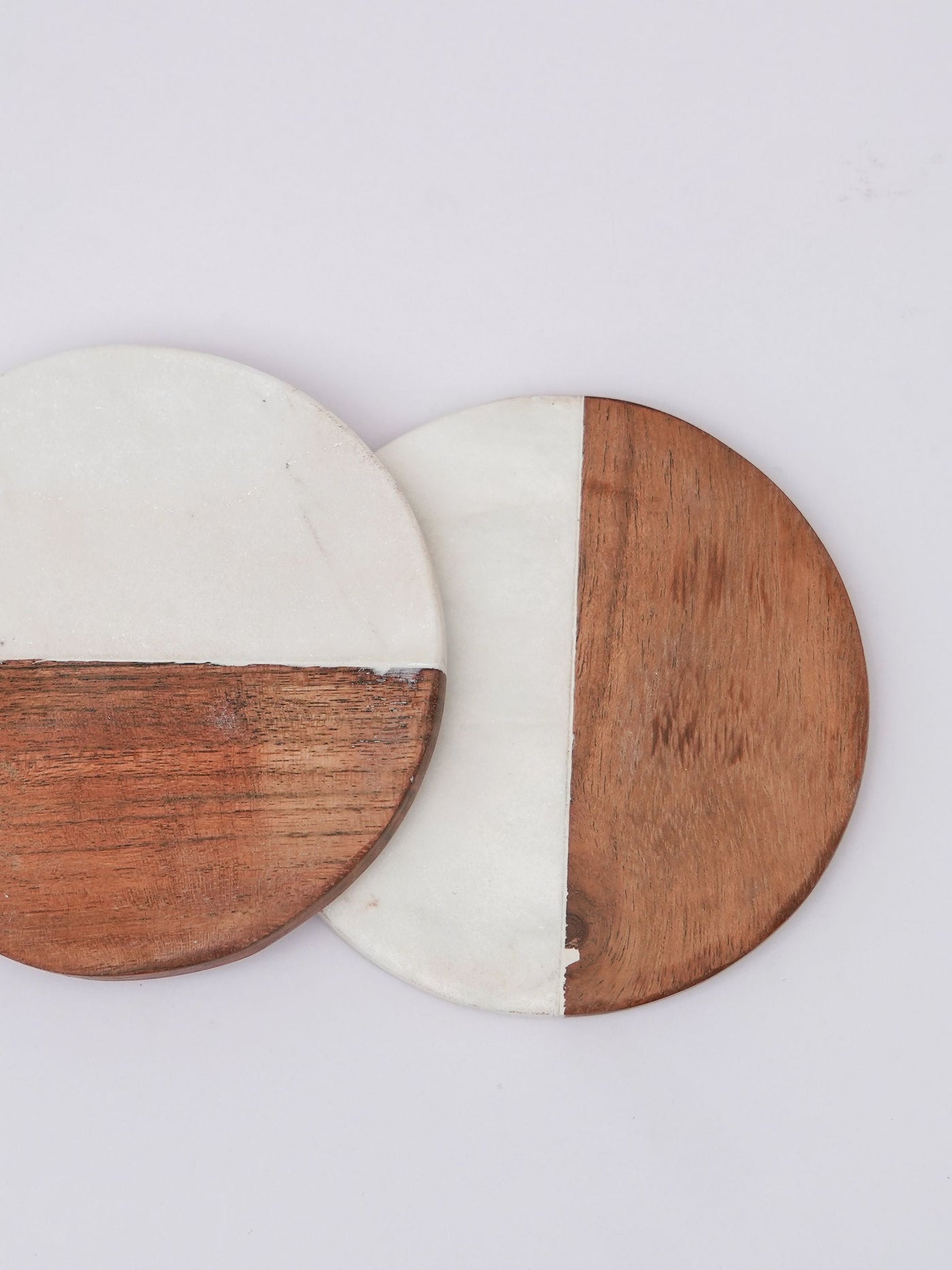 Round Coaster Set of 2 - White Marble & Wood