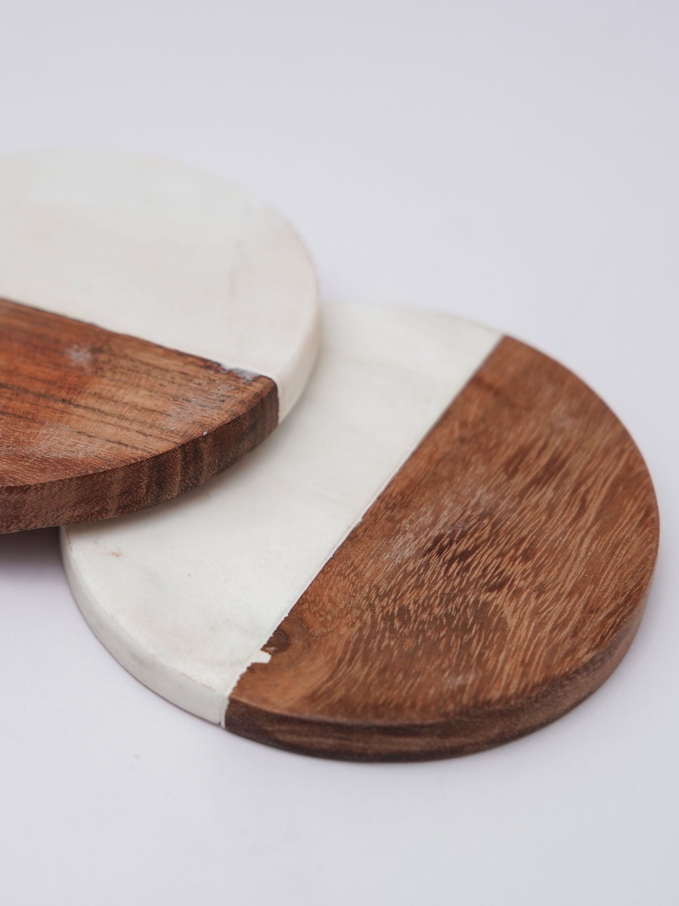 Round Coaster Set of 2 - White Marble & Wood